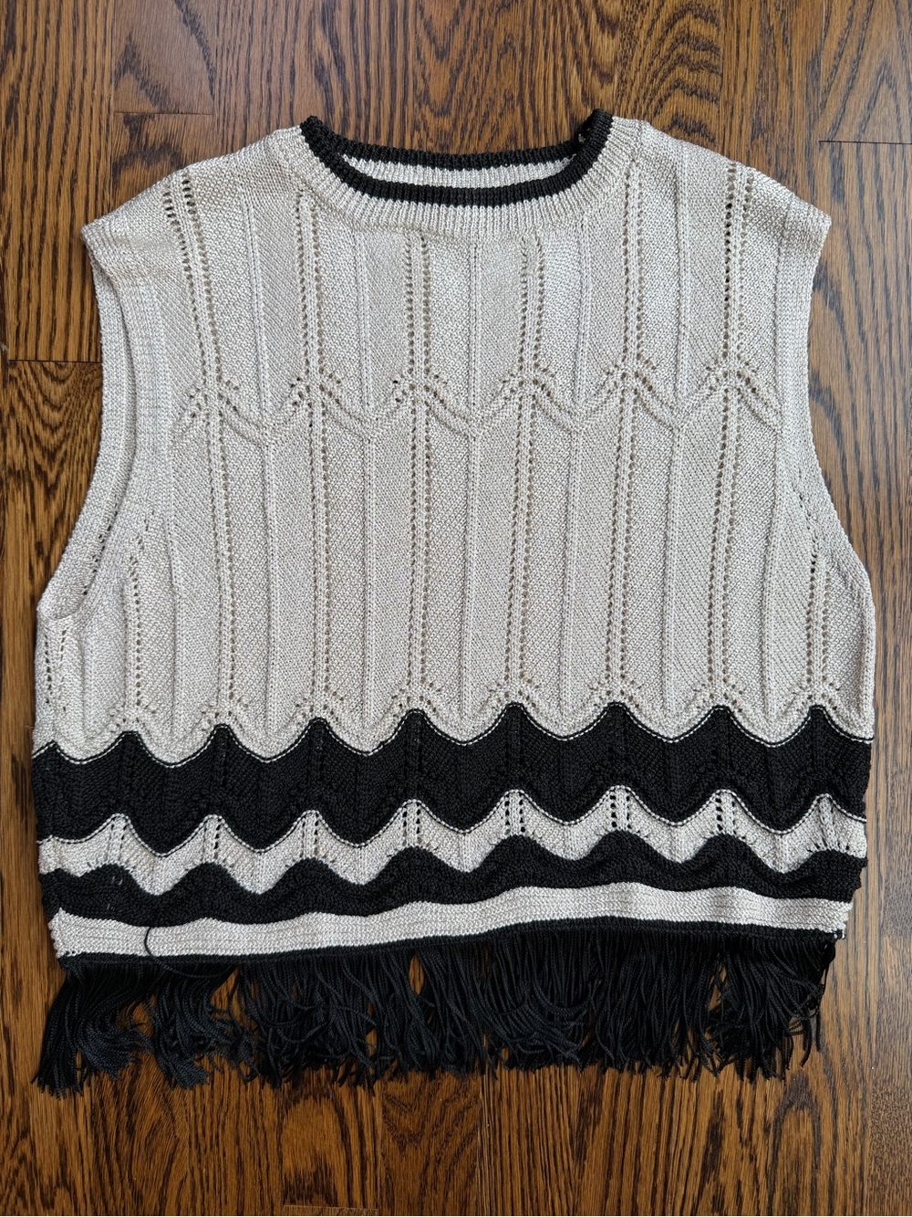 MNG Cream and Black Fringe Western Festival Bohemian Knit Sleeveless Top